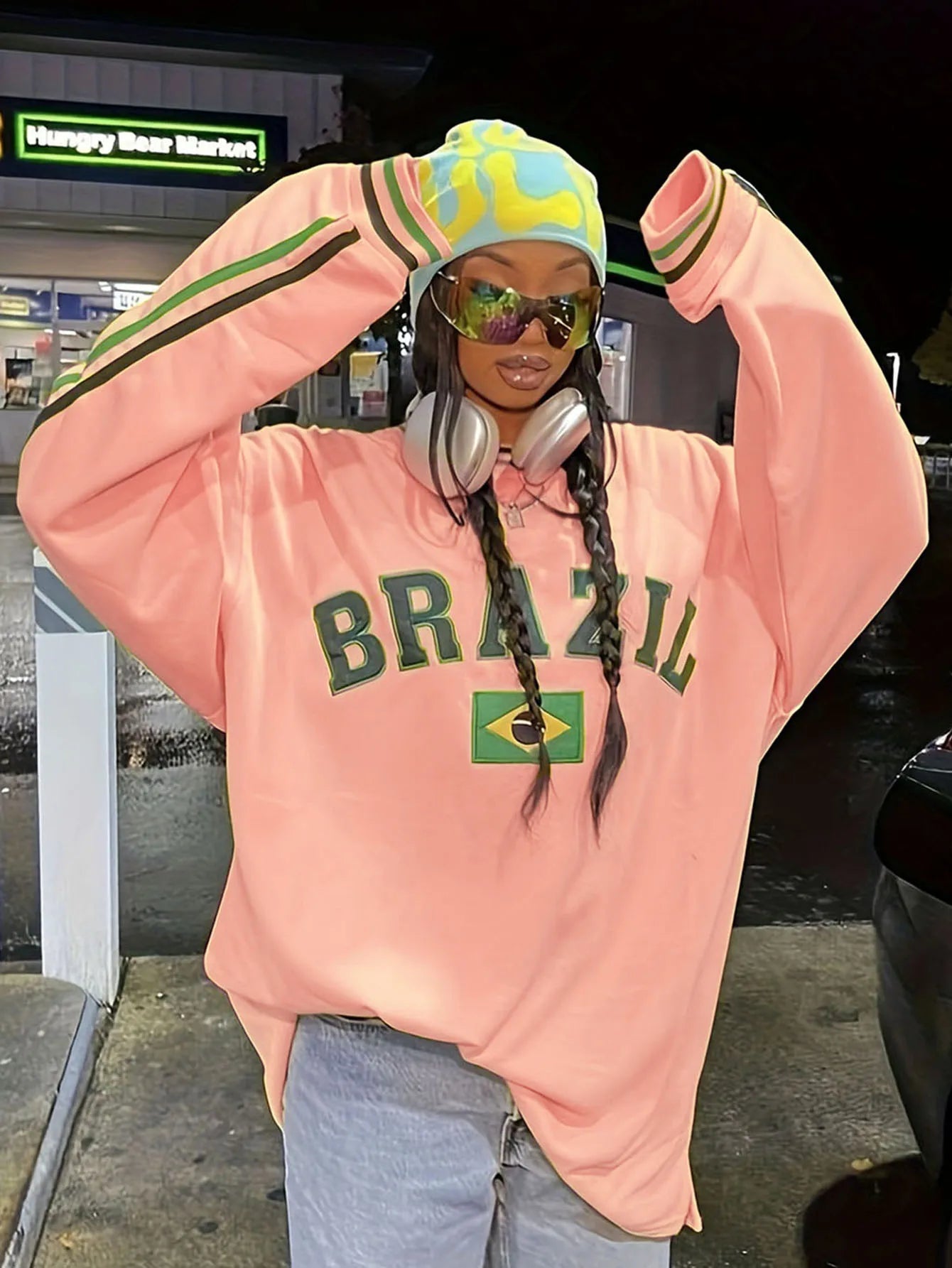 Shawty's Do Brazil  Lettre Imprimé Sweat-Shirt Ample Pull Hip Hop Punk Manches Longues Poche Hommes Hauts Pantalon De Survêtement Streetwear