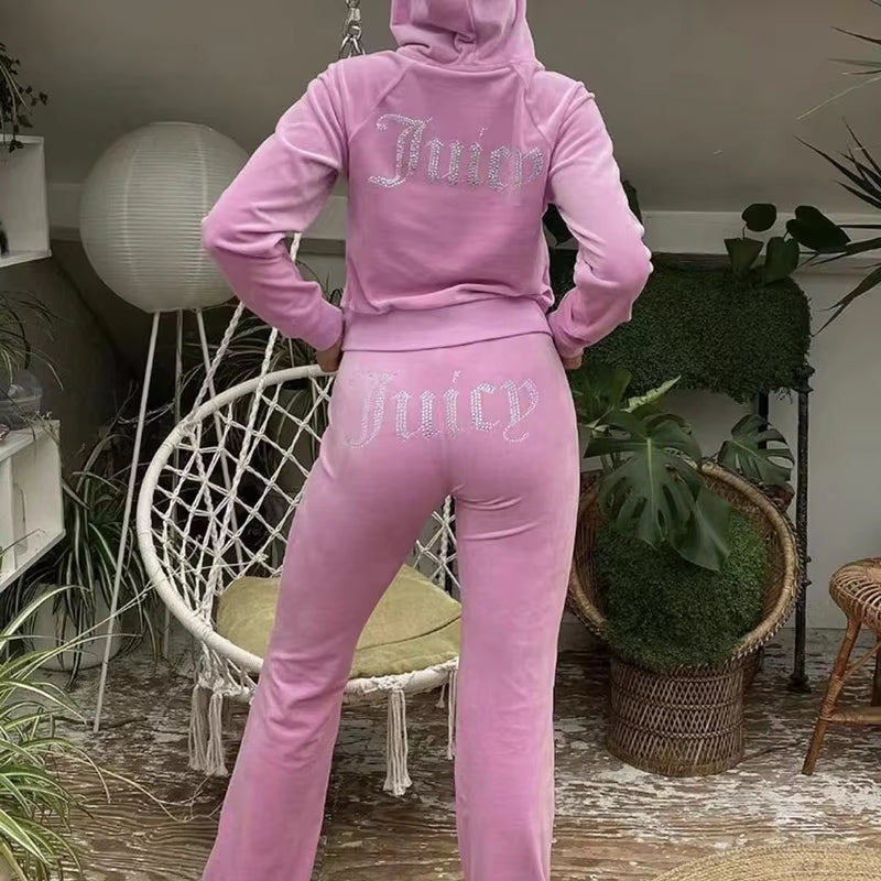 Ensemble de survêtement en velours chic Juicy Shawty pour femme - Sweat à capuche zippé élégant et pantalon de jogging avec détail de lettre en diamant